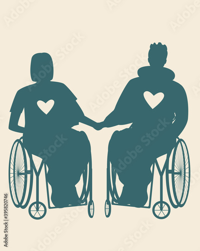 Wheelchair disabled couple silhouette isolated as love concept, vector stock illustration with disabled person, husband, wife