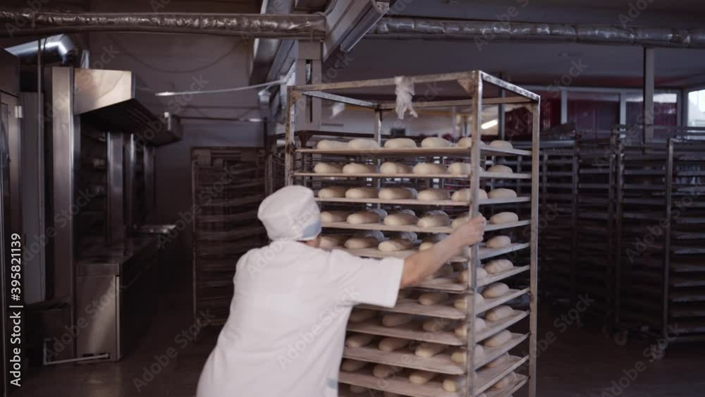 the baker prepares the bread dough to put in the oven at the bakery