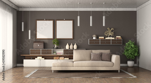 Modern living room with sofa and sideboard on background