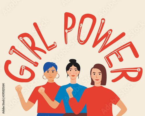 Feminists and text Girl power isolated together as protest, flat vector stock illustration with Modern women fighting for rights