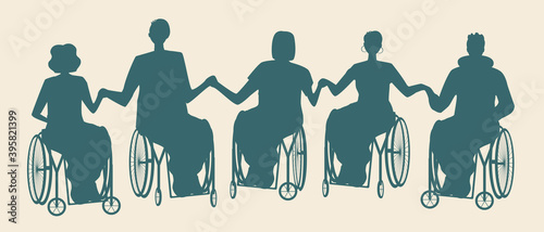Disabled wheelchair users holding hands isolated, silhouette vector stock illustration, disability rehabilitation concept, community