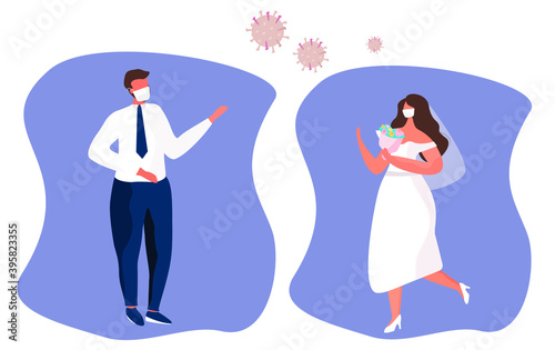 Wedding Couple Wearing Mask During Corona Pandemic.Quarantine and Social Distance.
Groom and Bride Wearing Wedding Dress in Mask on Wedding.Prevent and Stop Spread Coronavirus.Flat Vector Illustration