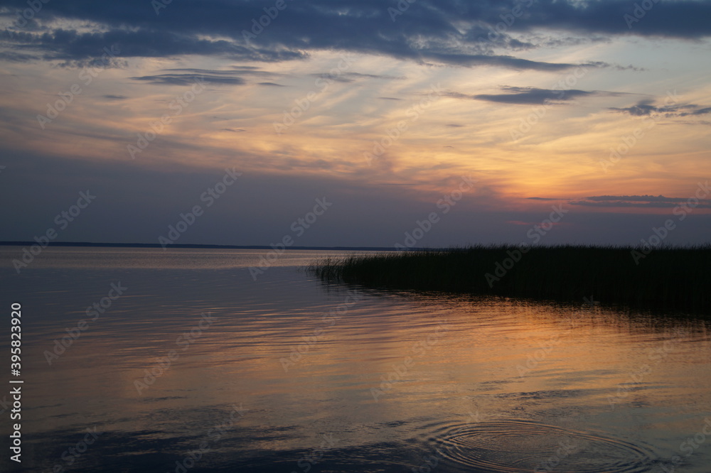 sunset on Pleshcheyev lake