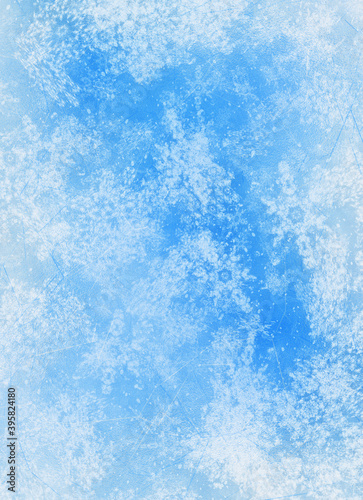winter background of frozen window and falling snowflakes
