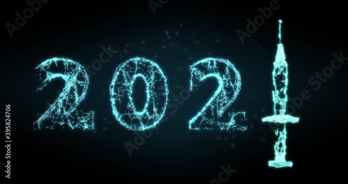 Abstract 3D Illustration 2021 vaccine pandemic protect year syringe injection futuristic innovation covid research develop success effective result pharmaceutical company cure coronavirus evolution
