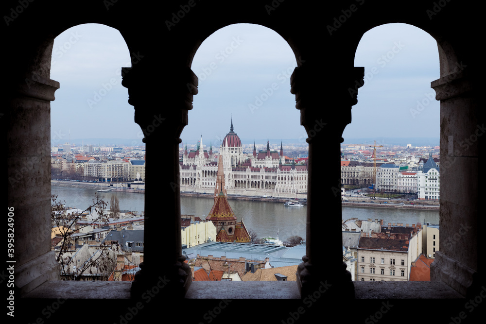 Parliament in Budapest view through pillars