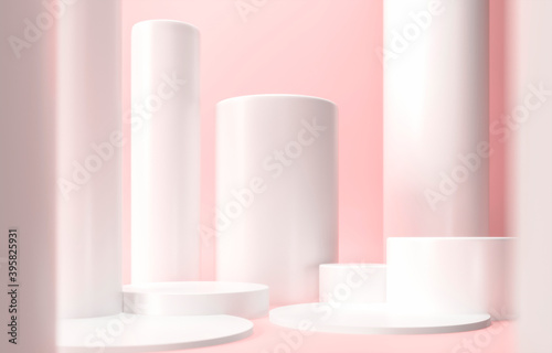 Round platform - 3d render illustration. Valentine's day, birthday, anniversary - gifts and cosmetics mockup. Sweet podium, exhibition pedestal for sale of goods. Delicate romantic pink background.