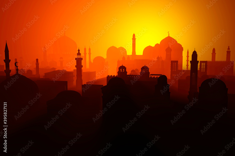Silhouette of an Islamic Arab city. Middle east. Religious monuments and minarets with domes. Sunset view. 3d render. Lights and shadows between the houses of an inhabited center