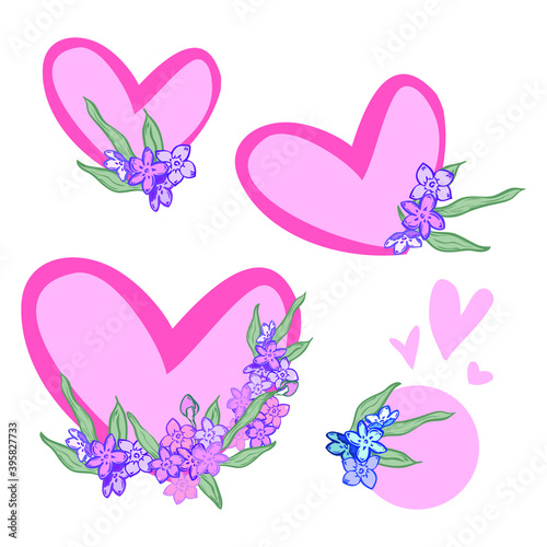 Set of fresh flowers with hearts and circle for design. Simple elegant decoration: pink, lavander, violet, purple