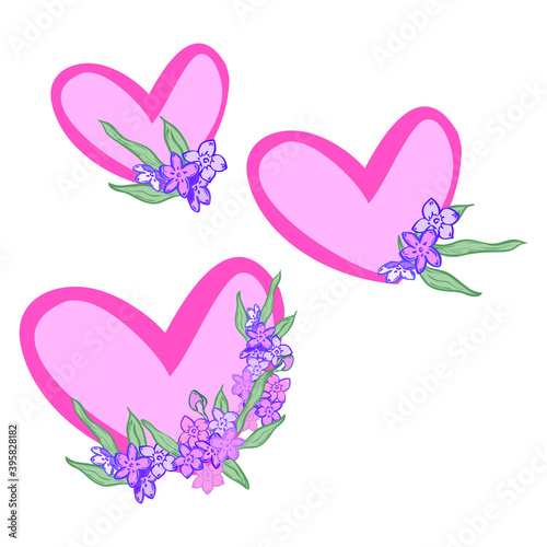 Set of fresh flowers with hearts for design. Simple elegant decoration: pink, lavander, violet, purple