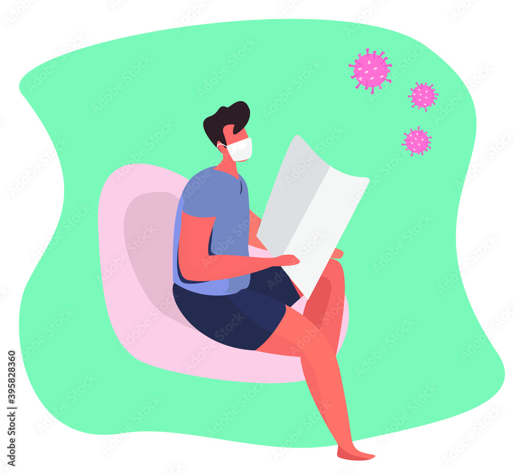 Boy Sitting in a Chair and Reading the News in Newspaper.Bad News about Coronavirus.Social World Media.Fake News, Information and Disinformation.Flat Vector Illustration