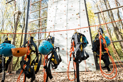 Climbing equipment hanging on the rope at amusement park outdoors