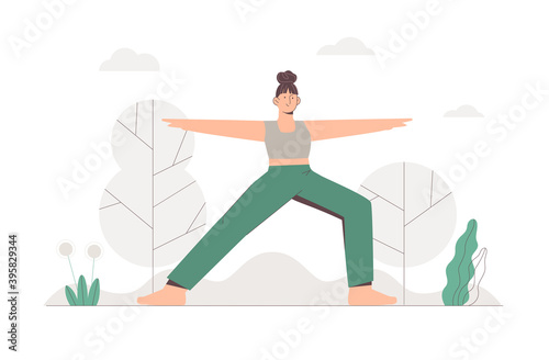 Young girl doing yoga in a park on nature background. Flat style vector illustration.