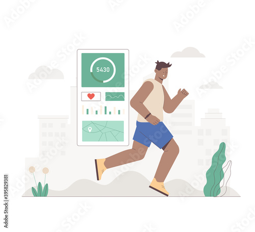 Black Man with fitness band or tracker running in the town park on city background. Flat style vector illustration. oncept of sports lifestyle and technology.