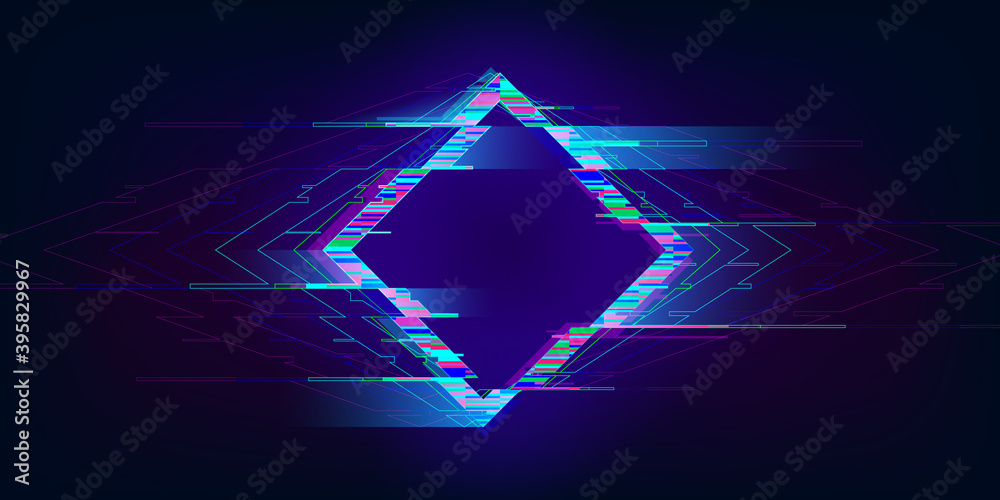 Glitch rhombus. Distorted glowing rhombus cyberpunk style. Futuristic geometry shape with TV interference effect. Design for promo music events, games, web, banners, backgrounds. Vector illustration