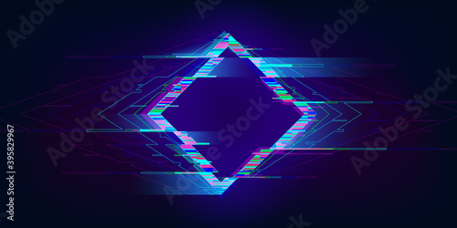 Obraz na płótnie Glitch rhombus. Distorted glowing rhombus cyberpunk style. Futuristic geometry shape with TV interference effect. Design for promo music events, games, web, banners, backgrounds. Vector illustration w salonie