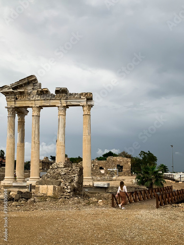 The ruins and columns of majestic Apollo temple in Side Antalya Turkey with a cloudy sky background