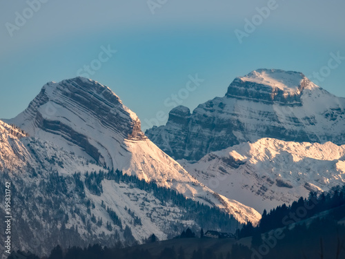 View fof the Glarus highlands from the shores of the Upper Zurich Lake (Obersee), Switzerland photo