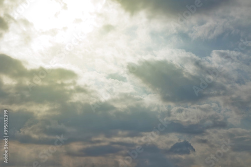 Fototapeta Naklejka Na Ścianę i Meble -  Clouds in blue sky. White, fluffy clouds In blue sky. Background nature. Texture cumulus floating on blue sky. Environment, atmosphere. Place for banner, site an inscription text or logo. Copy space