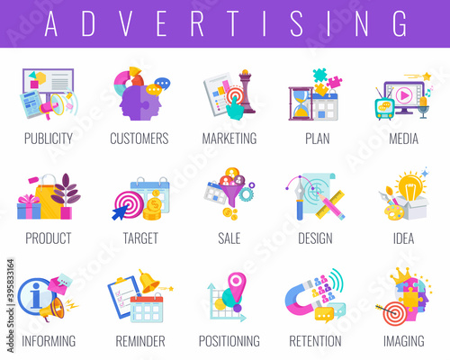 Advertising icons set. Creative Advertising and marketing strategy.