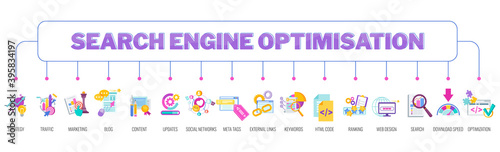 Search Engine Optimization banner with color icons. Flat vector illustration.