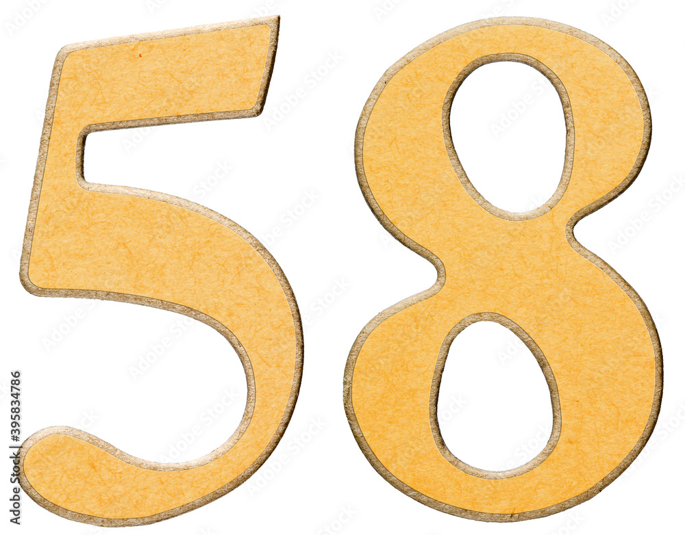 58, fifty eight, numeral of wood combined with yellow insert, isolated on white background 58, fifty eight, numeral of wood combined with yellow insert, isolated on white background