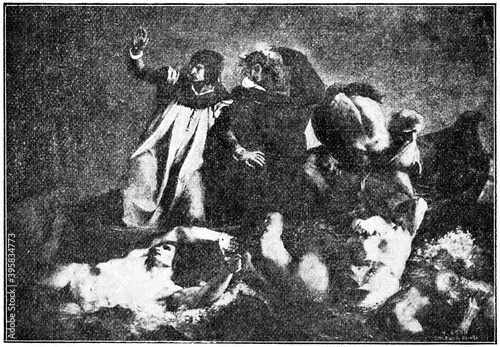 The Barque of Dante is a painting by French artist Eugene Delacroix. Illustration of the 19th century. White background.