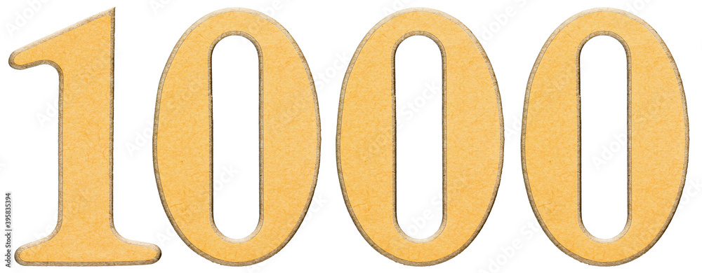 1000, one thousand, numeral of wood combined with yellow insert, isolated on white background 1000, one thousand, numeral of wood combined with yellow insert, isolated on white background