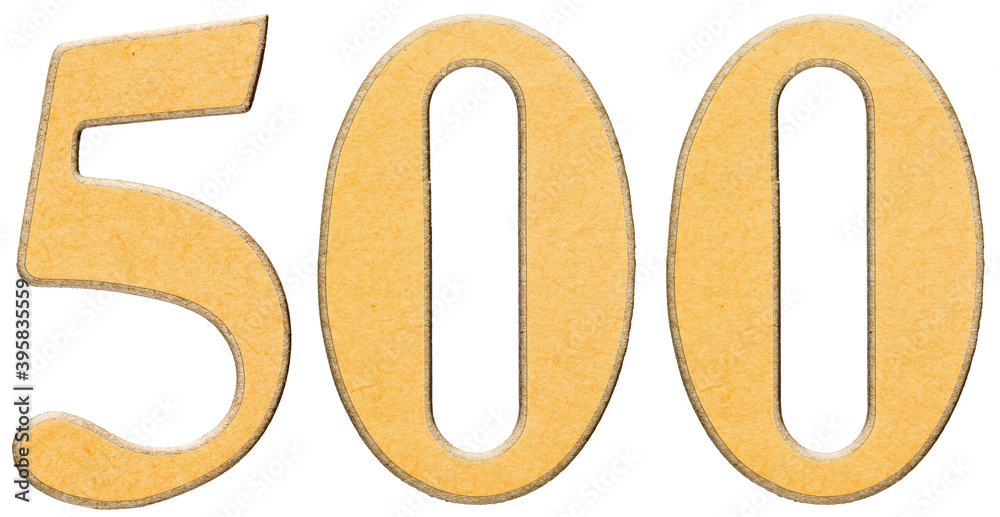 500, five hundred, numeral of wood combined with yellow insert, isolated on white background 500, five hundred, numeral of wood combined with yellow insert, isolated on white background