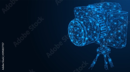 Camera on a tripod. A polygonal network of concatenated lines and points. Blue background.