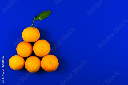 Holiday composition, tangerine in the shape of a Christmas tree, copy space