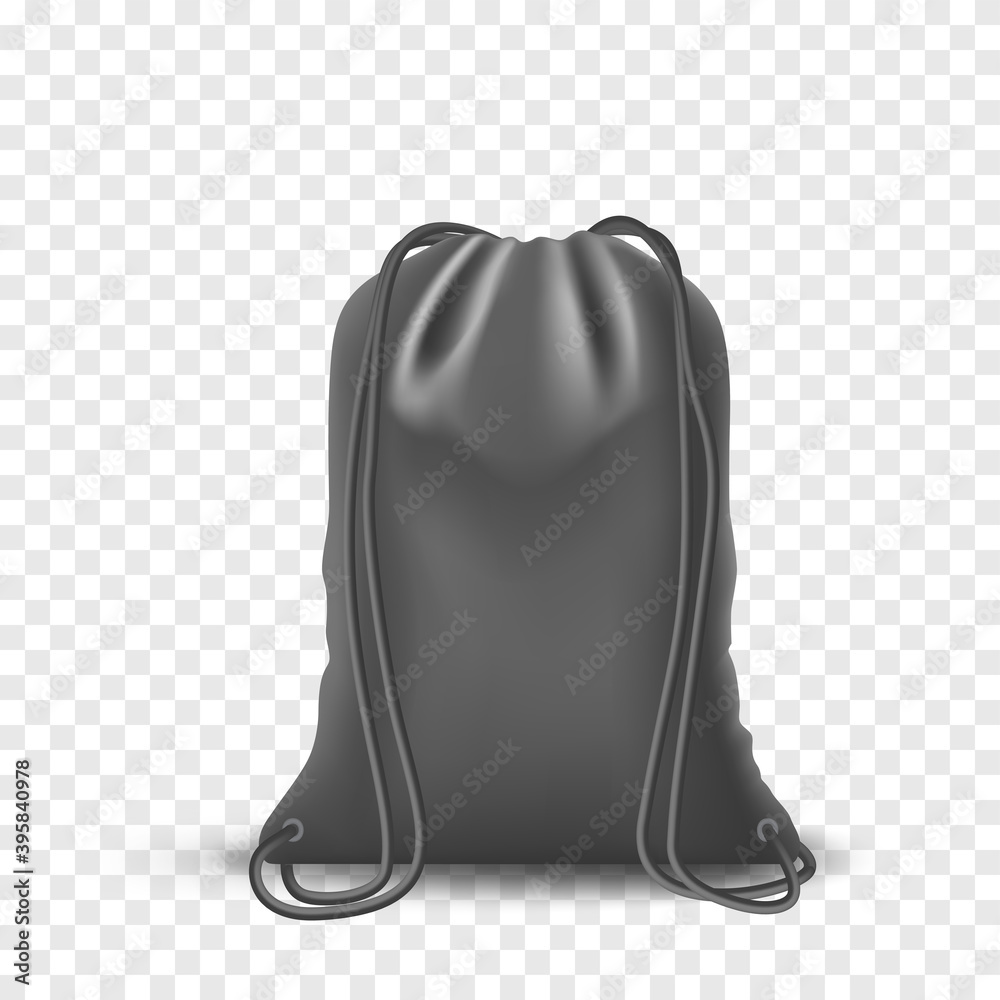 Black Mockup Backpack bag, drawstring isolated on white background. Blank template with bags, realistic vector mockup.