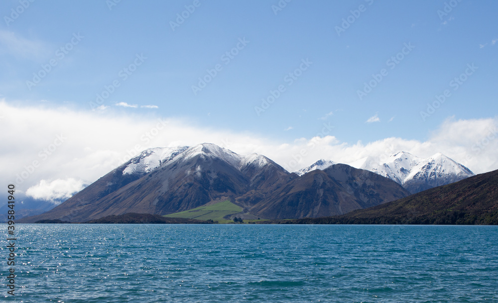 PANORAMIC LANDSCAPE VIEW, LAKE MOUNTAIN AND SKY BACKGROUND