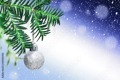 Obraz na płótnie Silver Christmas ball on green fir branch on blue snowy background. Xmas decoration. Christmas card. Copy space w salonie