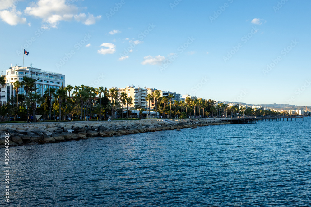 April 22, 2019, Limassol, Cyprus. Mediterranean sea promenade on a clear Sunny day.