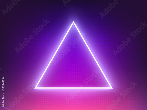 Neon triangle. Futuristic retro template. Music poster with glowing element. Cyberpunk geometric shape. Electronic music design. Future minimal banner. Retrowave effect. Vector illustration