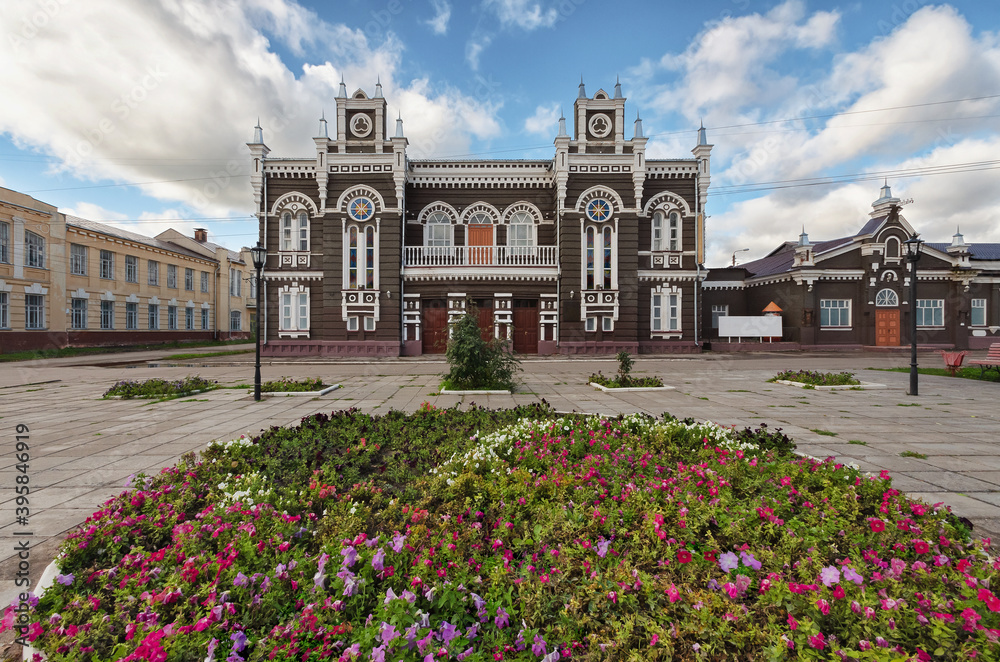 Beautiful old building of the drama theater in summer. Dimitrovgrad, Ulyanovsk region, Russia