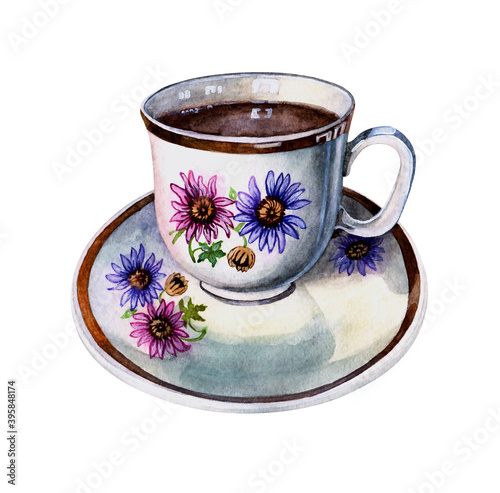 Cup of tea on a saucer. Design idea for menu, postcard. Watercolor illustration