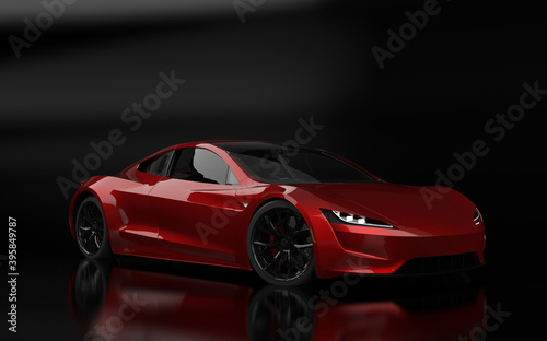 Red sports car on black background front view