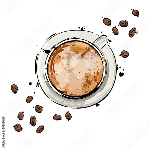 Vector abstract illustration with a cup of coffee and coffee beans