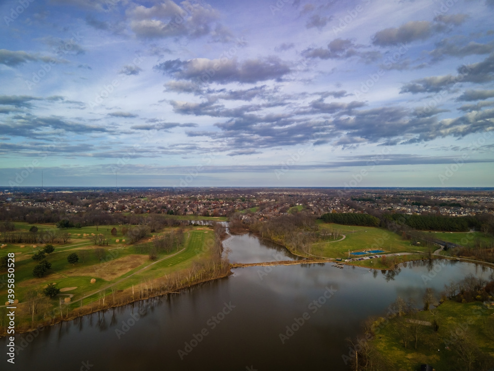 Aerial view from Jacobson park lake toward city of Lexington, Kentucky