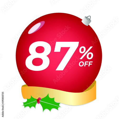 87% off. Eighty-seven percent discount. Christmas sale banner. Red bubble with ornaments on a white background vector.