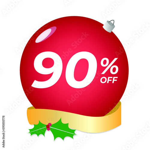 90% off. Ninety percent discount. Christmas sale banner. Red bubble with ornaments on a white background vector.