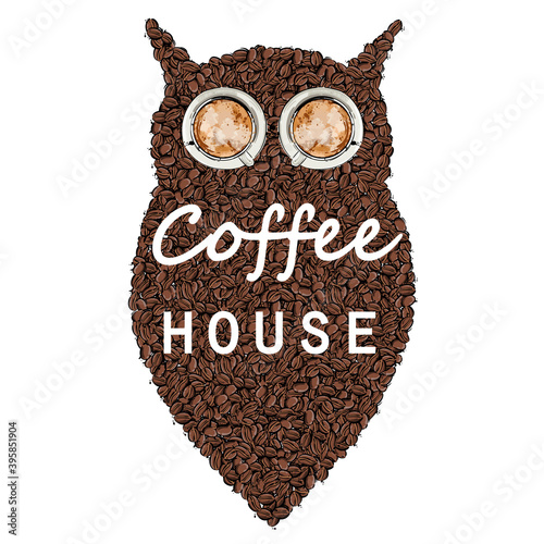 Vector abstract illustration with coffee beans. Coffee house. Coffee background. owl photo