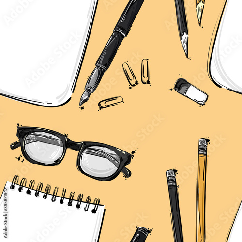 Vector abstract illustration with a notepad, pencil, pen and stick. photo