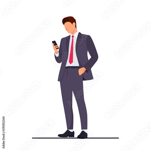 vector illustration of a businessman staring at the cell phone screen he is holding. while one hand is inserted into the pocket of the pants. white background