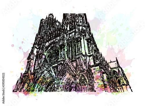 Building view with landmark of Rheims Cathedral, is a Roman Catholic cathedral in the French city of the Archdiocese of Reims. Watercolour splash with hand drawn sketch illustration in vector.