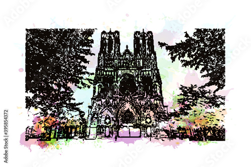 Building view with landmark of Rheims Cathedral, is a Roman Catholic cathedral in the French city of the Archdiocese of Reims. Watercolour splash with hand drawn sketch illustration in vector.