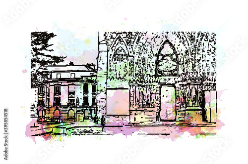 Building view with landmark of Rheims Cathedral, is a Roman Catholic cathedral in the French city of the Archdiocese of Reims. Watercolour splash with hand drawn sketch illustration in vector.