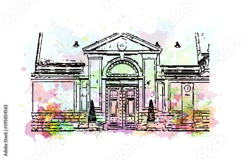 Building view with landmark of Rheims Cathedral, is a Roman Catholic cathedral in the French city of the Archdiocese of Reims. Watercolour splash with hand drawn sketch illustration in vector.